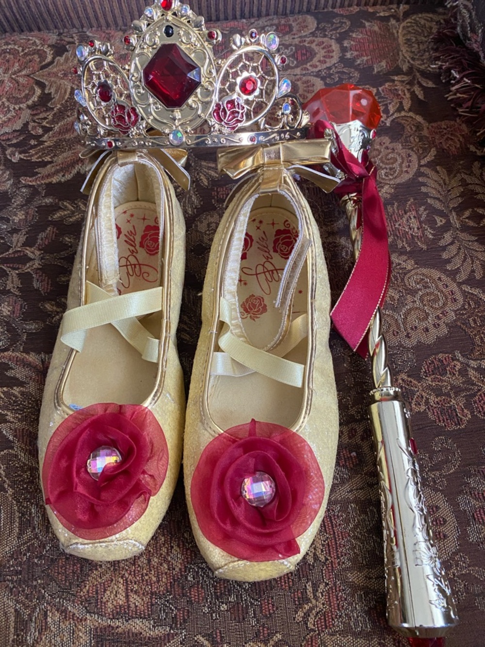 Disney Gold Princess Shoe Set with Red Flower Accents, Tiara & Scepter